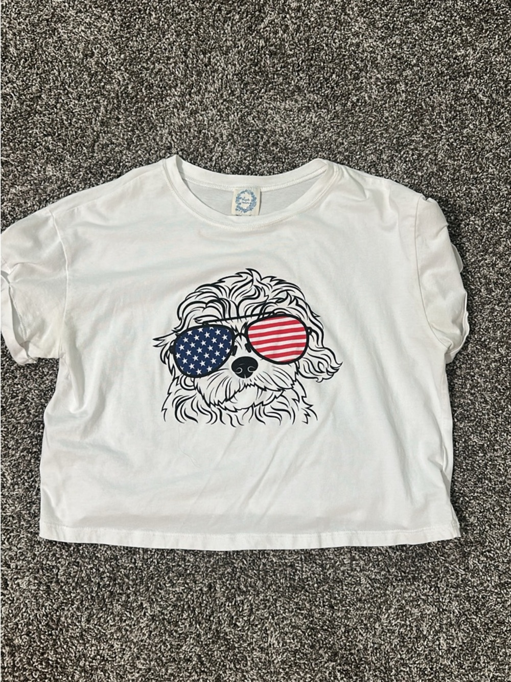 Francesca's Collections White Tee with Patriotic Dog Sunglasses